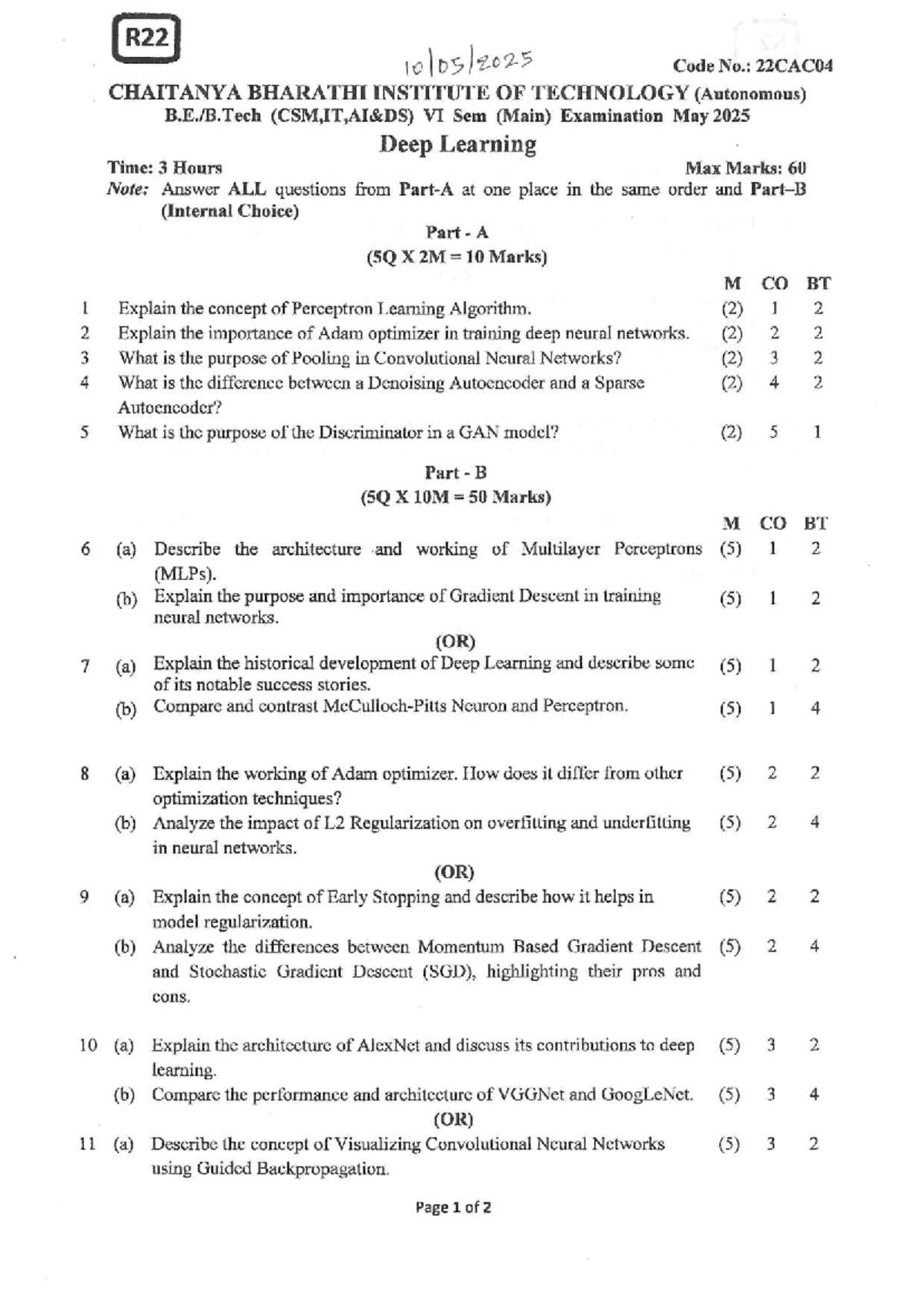 R22 Code No.: 22CAC04 VI Sem Deep Learning Exam QP May 2025 - Studocu