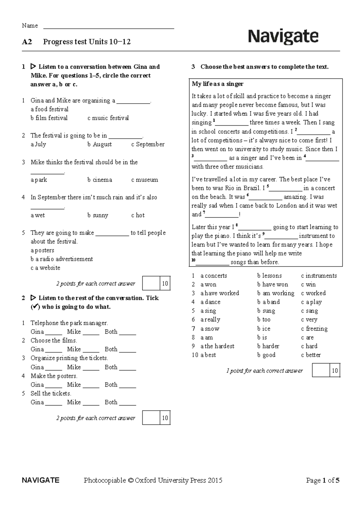 A2 Progress Test: Listening & Speaking Units 1-4 - Studocu