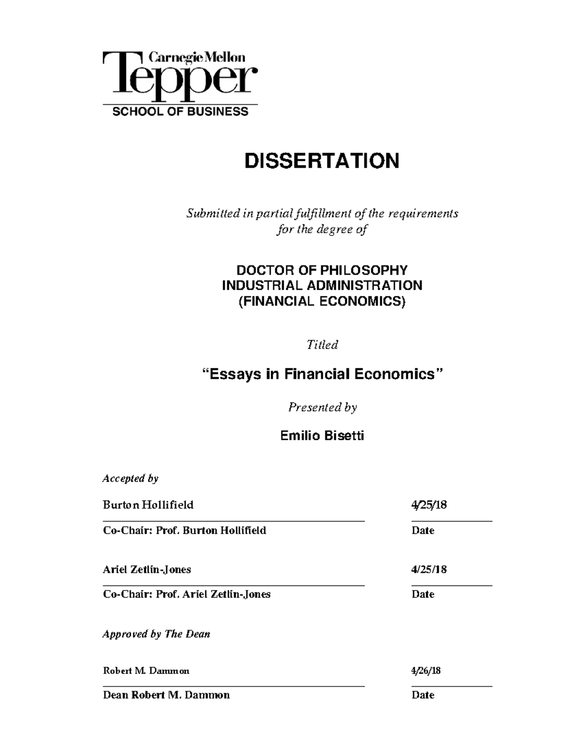 Essays in Financial Economics: A PhD Dissertation by Emilio Bisetti ...