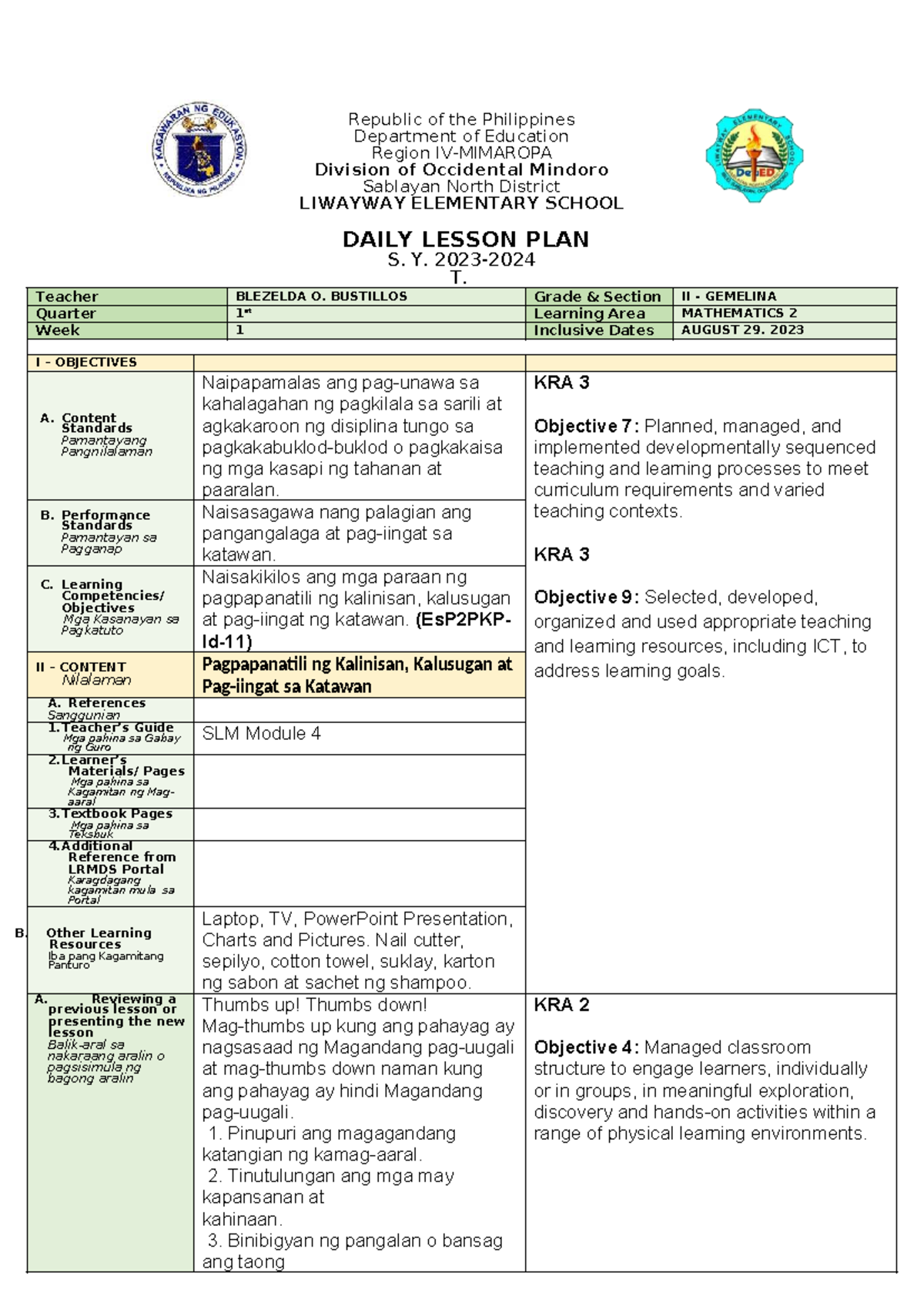 COT 1 Q1 Es P2 2023 - Daily Lesson Plan for Grade 1 Mathematics - Studocu