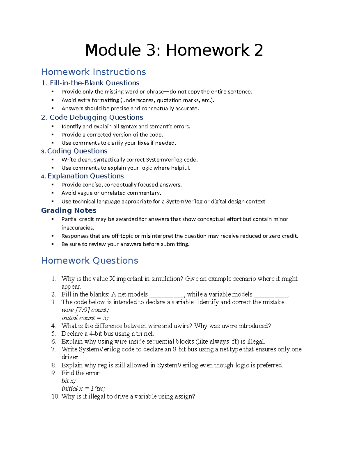 Mod3HW2: SystemVerilog Homework Instructions and Questions - Studocu