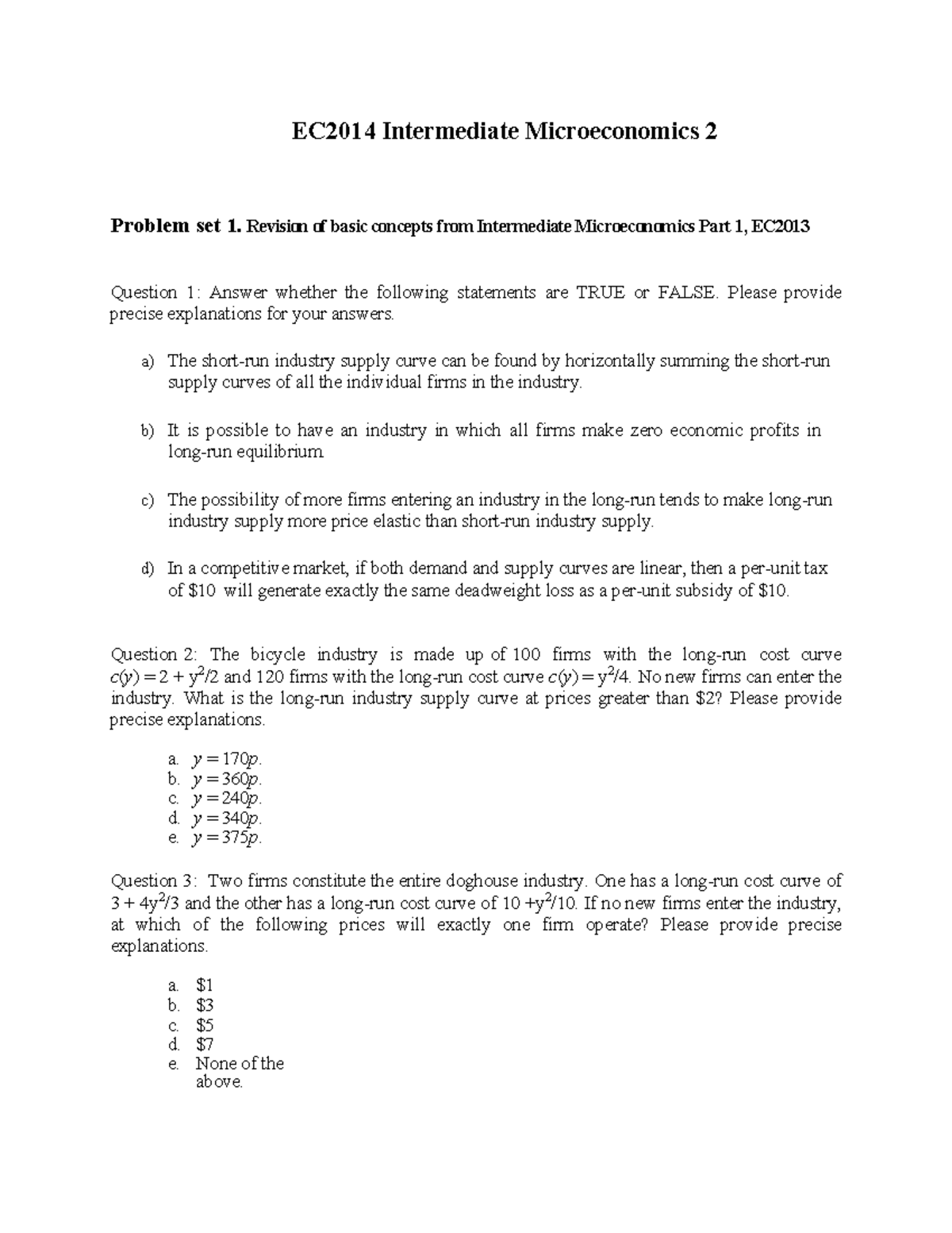 EC2014 Intermediate Microeconomics 2 Problem Set 1: Key Concepts Review ...