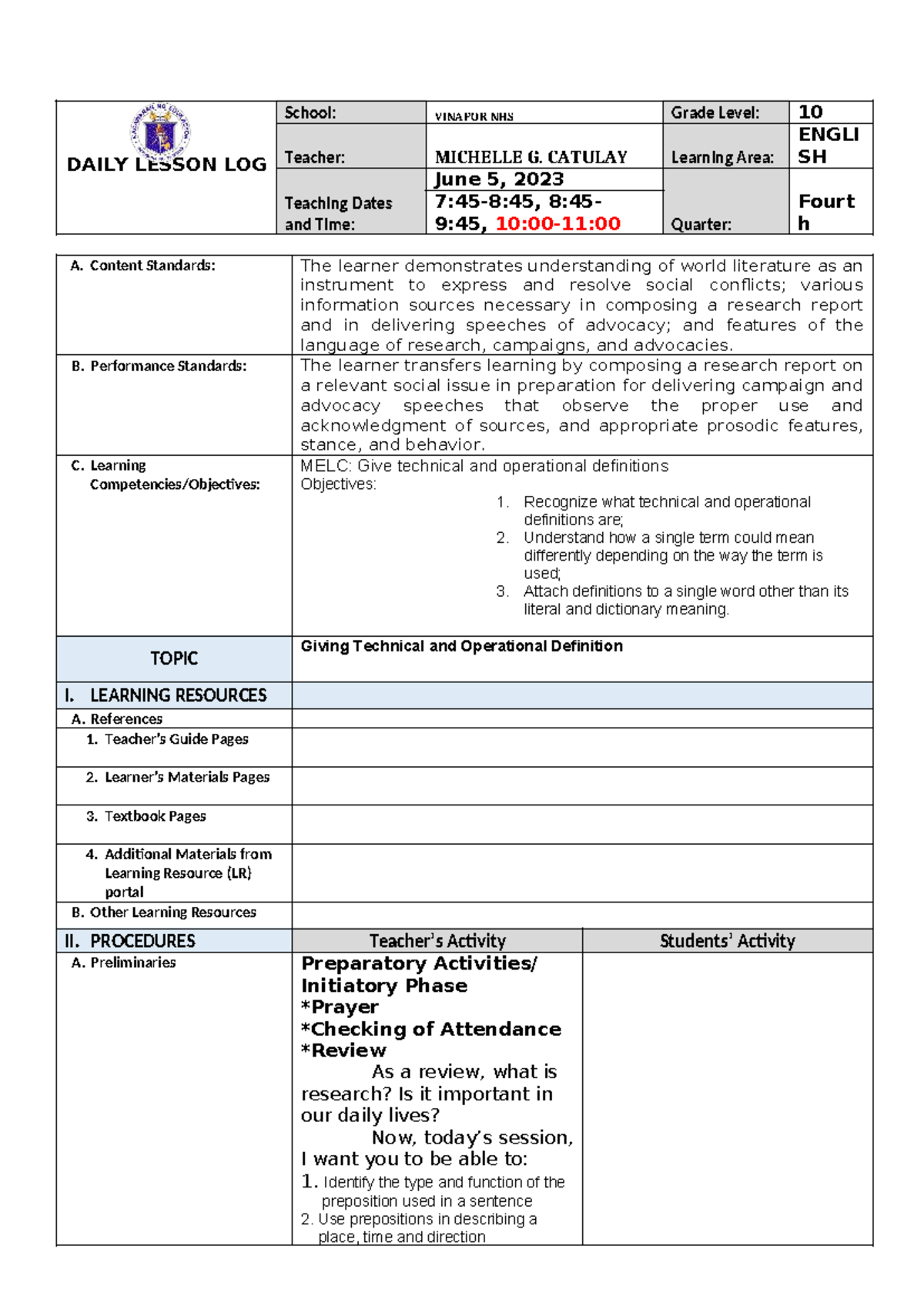 Classroom Observation Log: Daily Lesson Plan for 10 English - Studocu