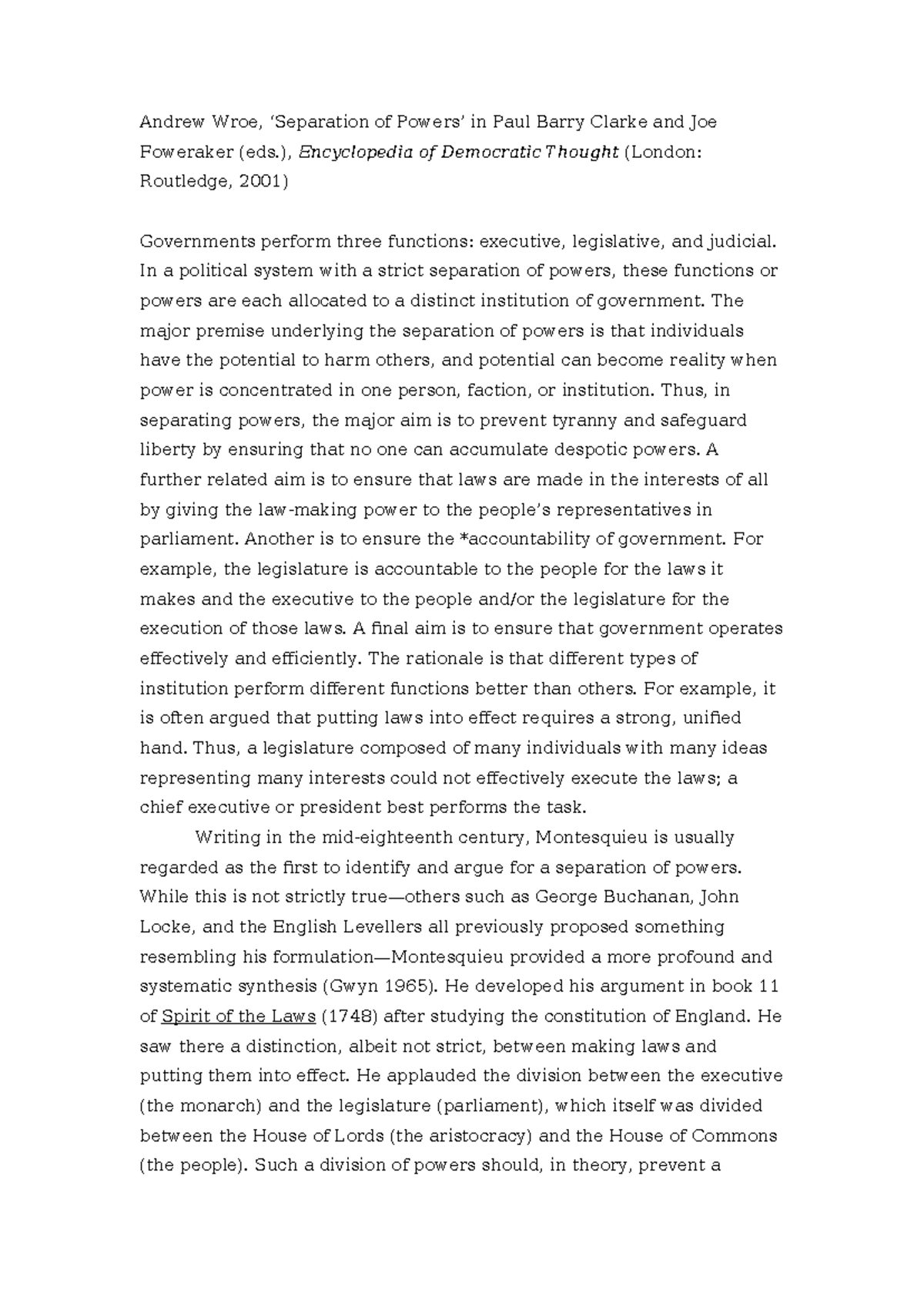 Separation of Powers: An Analysis of Government Functions and ...
