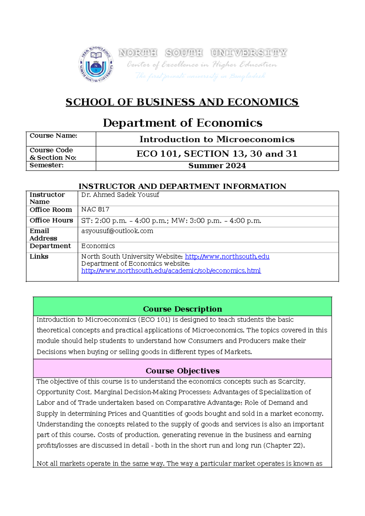 ECO 101 Introduction to Microeconomics Course Outline - Summer 2024 ...