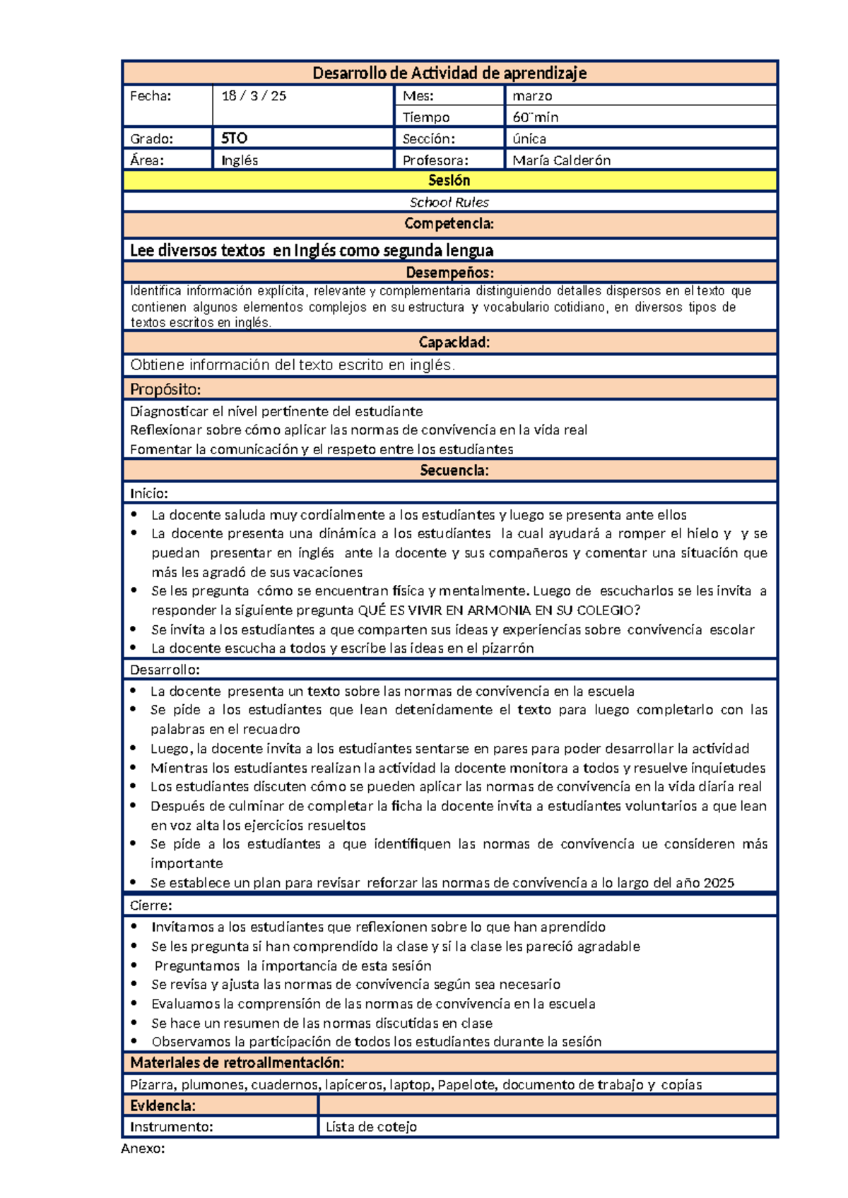5TO Inglés - Actividad de Aprendizaje sobre Normas de Convivencia - Studocu