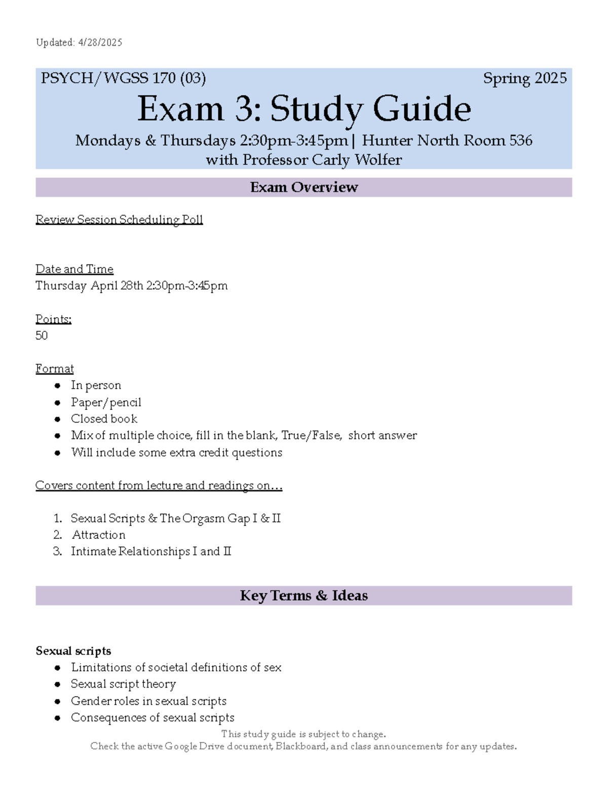 PSY 170 (03) Spring 2025 Exam 3 Study Guide: Key Concepts & Topics ...