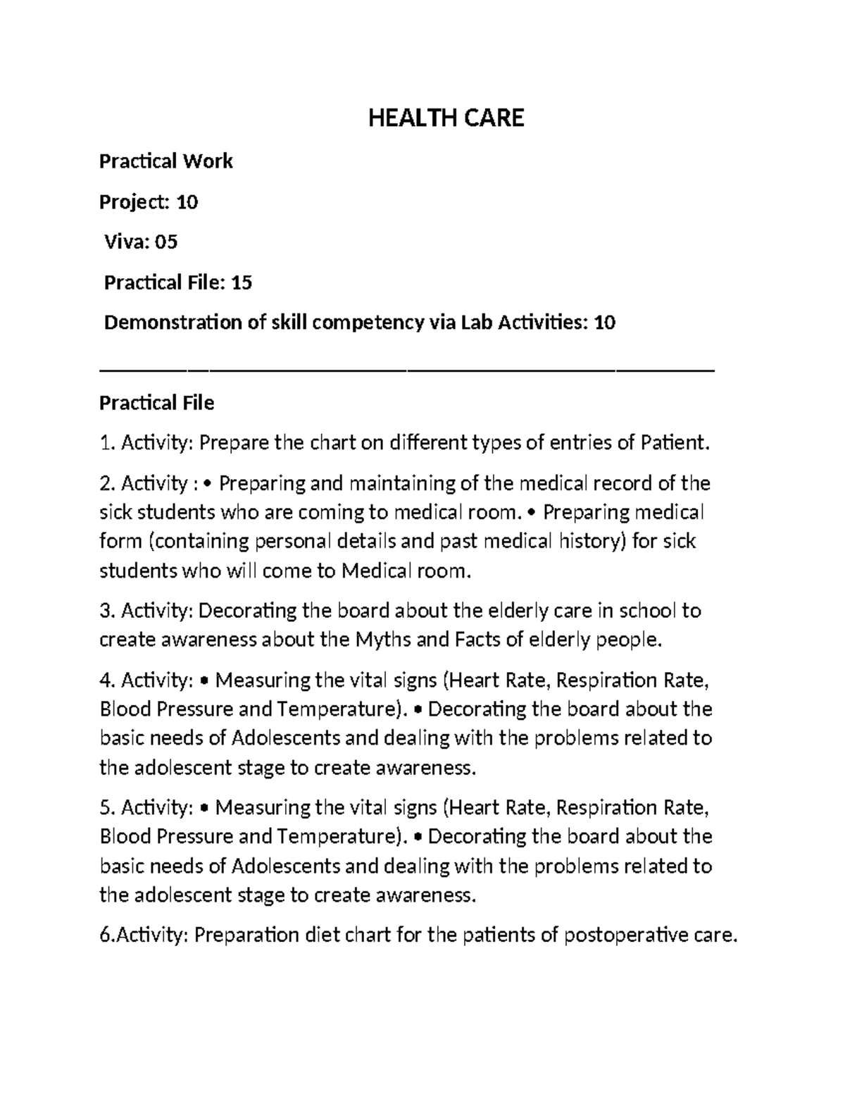 HC Practical - HEALTH CARE Practical Work Project: 10 Viva: 05 ...