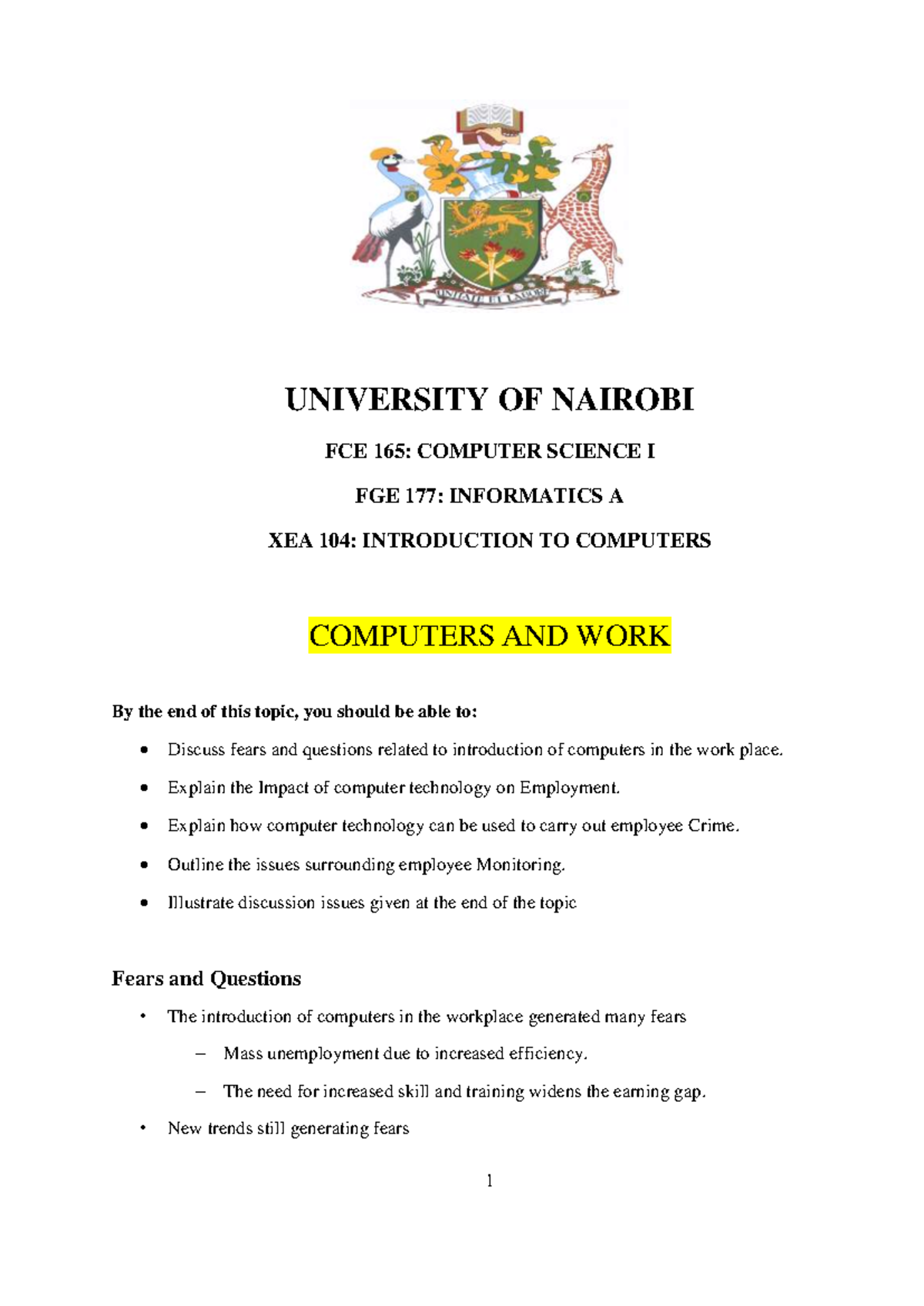 FCE 165: The Impact of Computers on Work and Employment Issues - Studocu