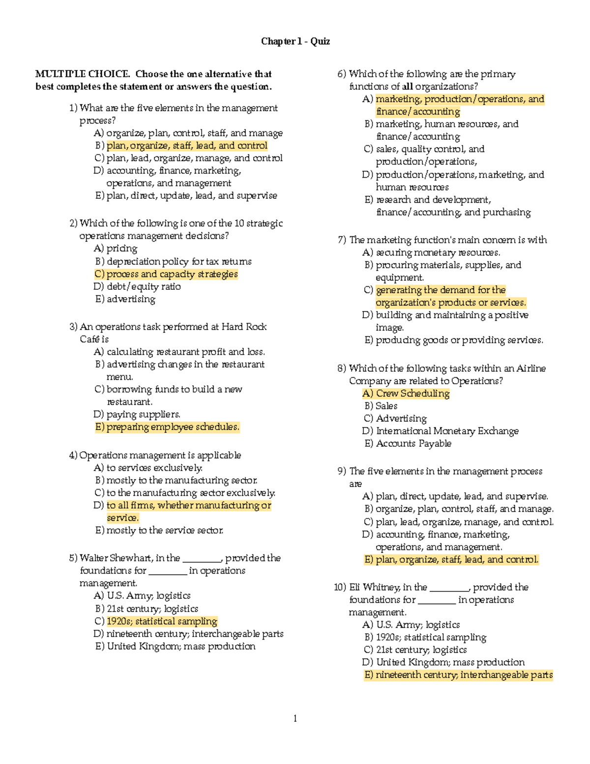 Chapter 1 - Quiz Questions on Operations Management Concepts - Studocu