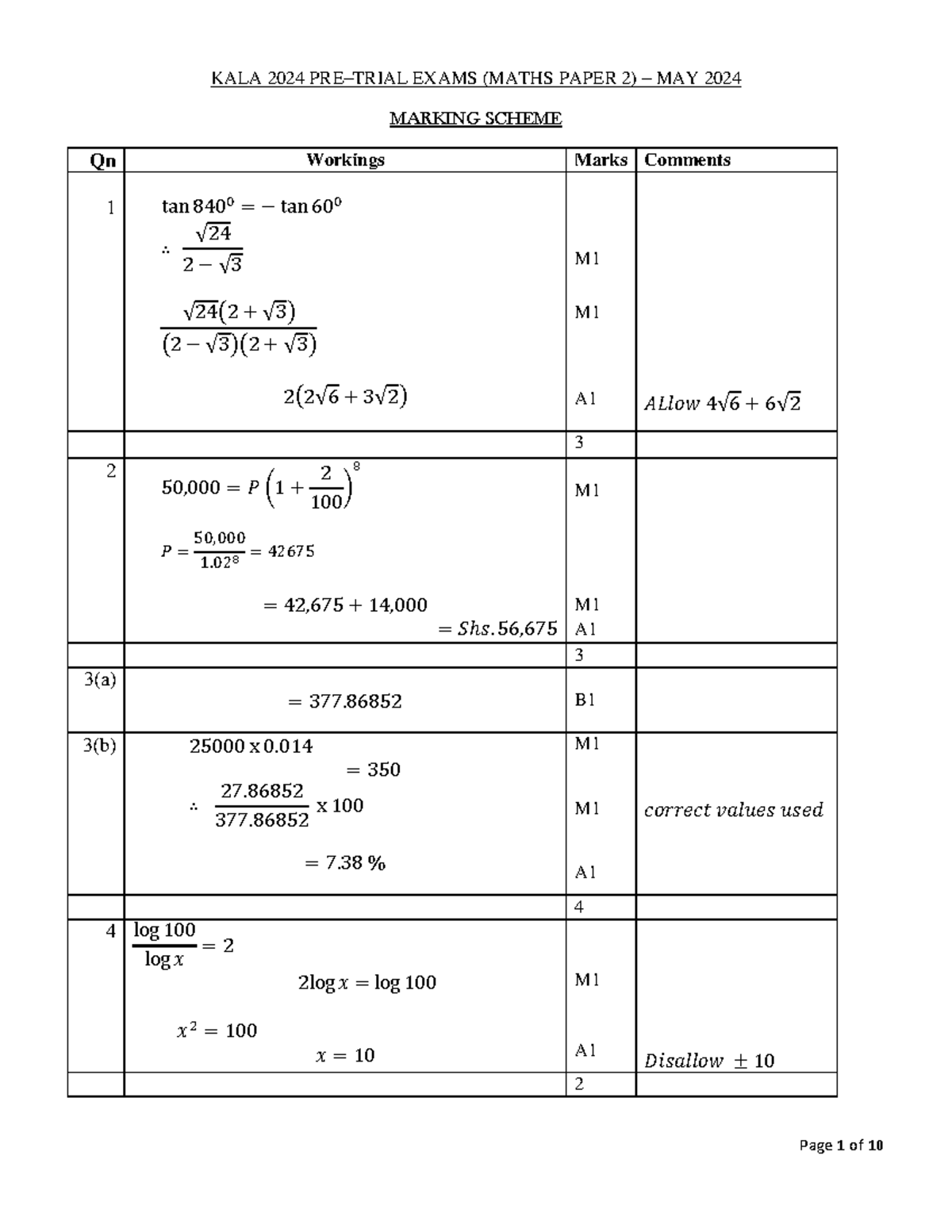 Marking Scheme for KALA Maths Exam P2 - May 2024 - Studocu