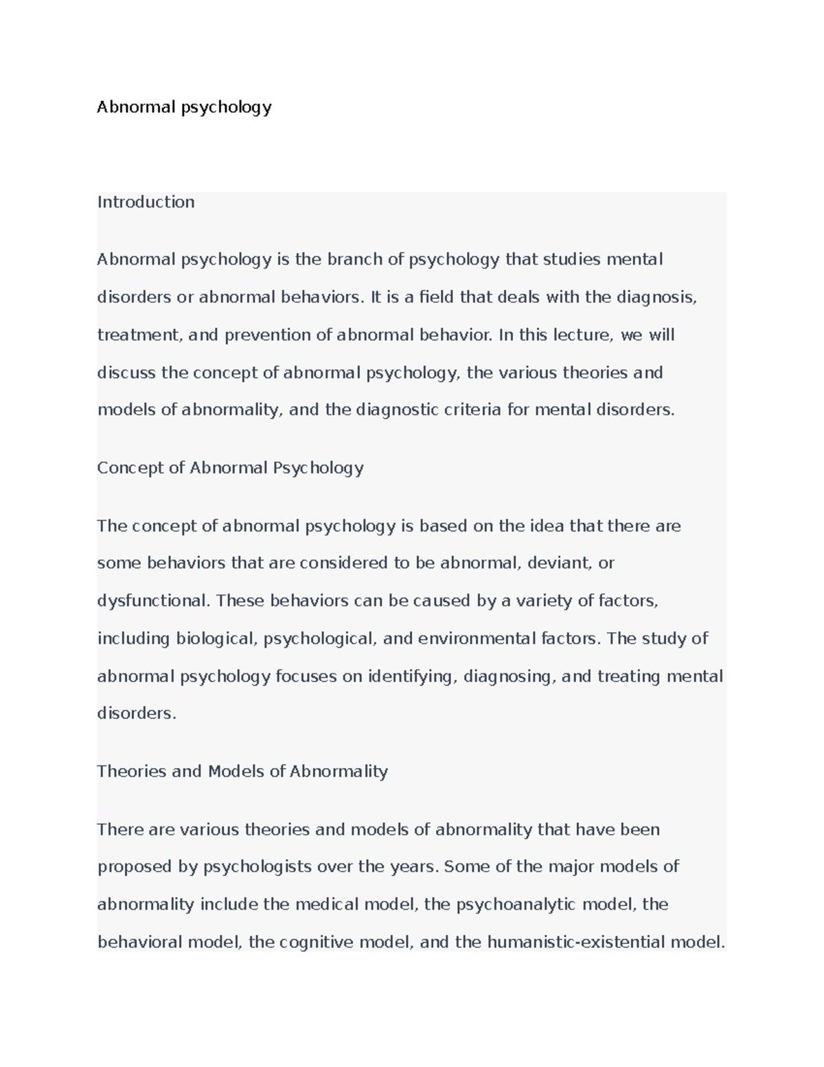 Abnormal Psychology Lecture Notes: Concepts and Theories Overview - Studocu