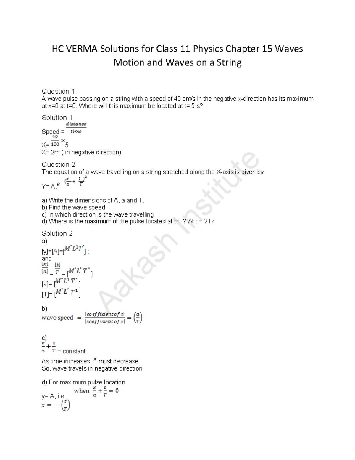HC Verma Solutions for Class 11 Physics: Chapter 15 Waves on a String ...