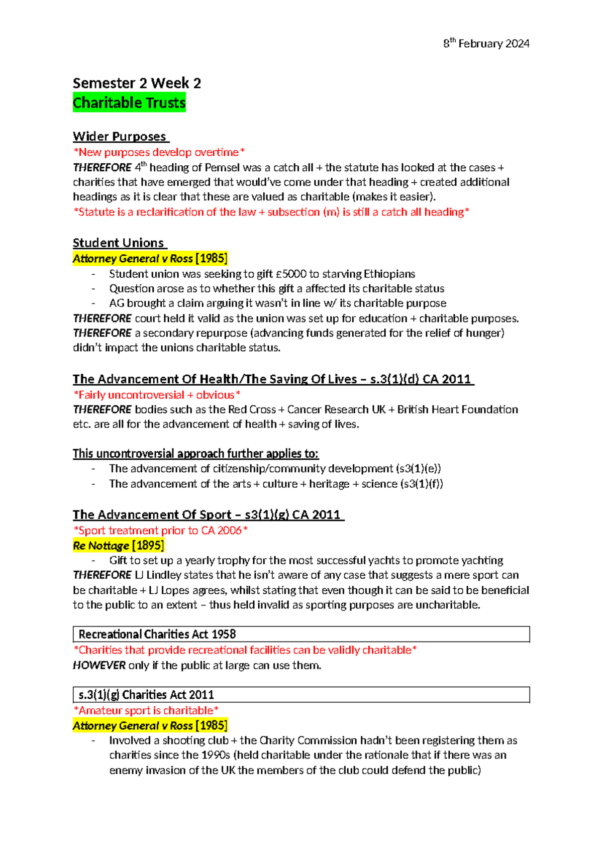 Charitable Trusts - Wider Purposes & Case Analysis (Equity 11) - Studocu