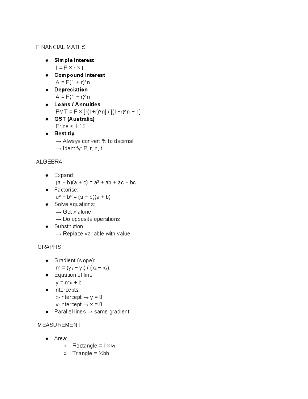 FINANCIAL MATHS HSC - Cheat Sheet for Quick Revision - Studocu