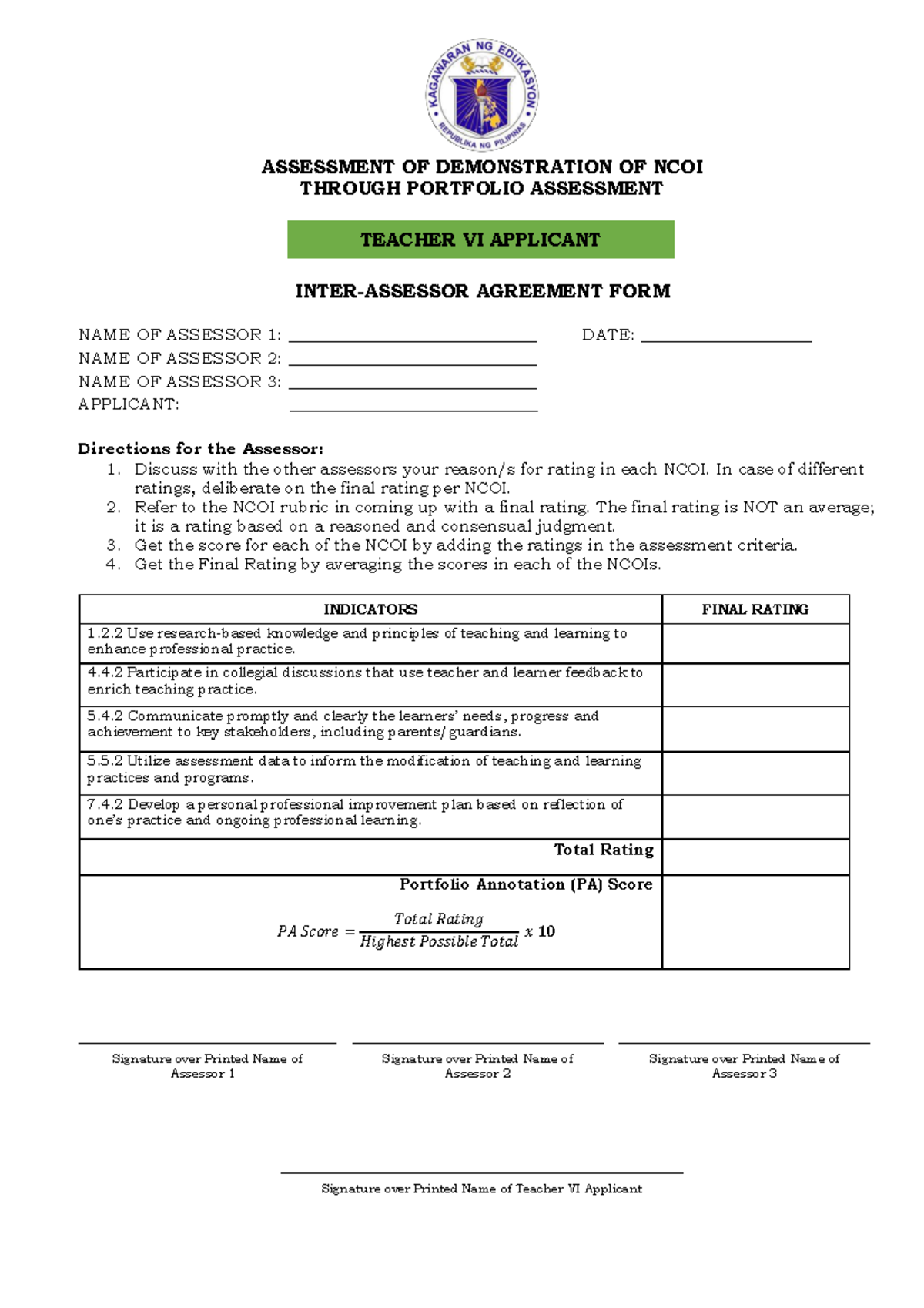 NCOI Portfolio Assessment Agreement Form for Teacher VI Applicants ...