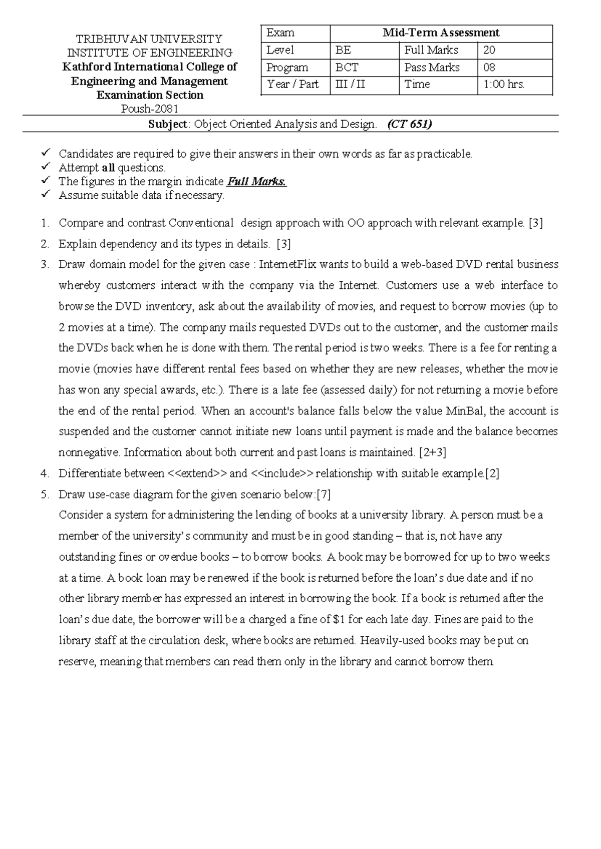 CT 651: OOAD Exam Assessment - Full Marks 20, Part II - Studocu