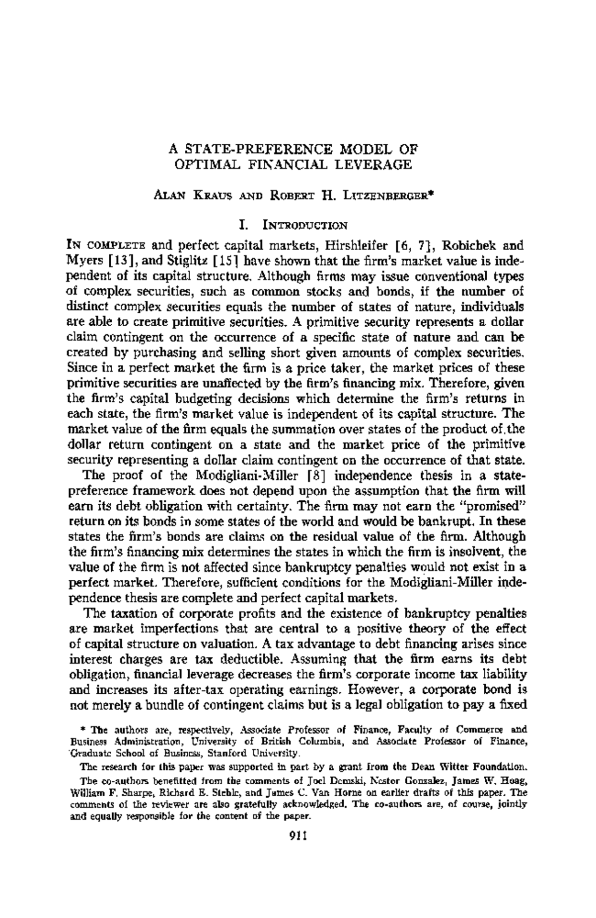 A State-Preference Model of Optimal Financial Leverage (FIN 101) - Studocu