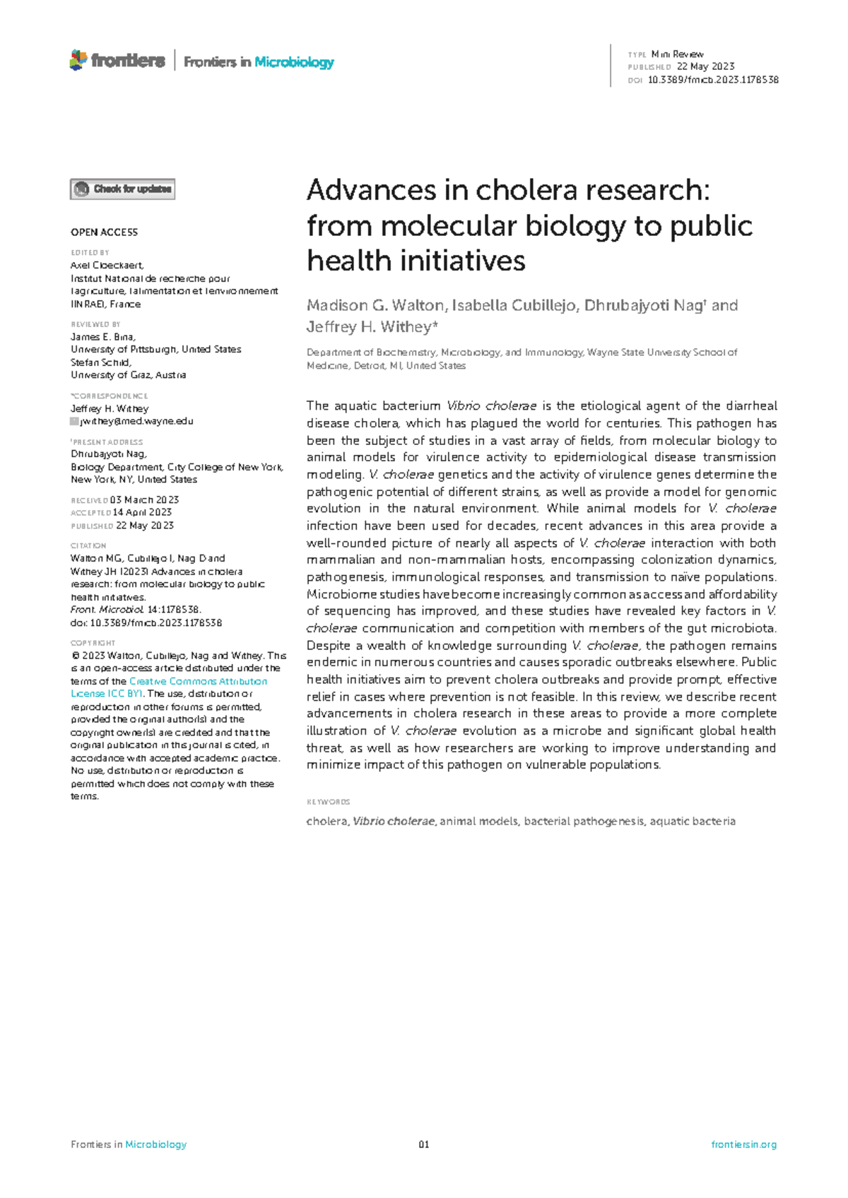 Advances in Cholera Research: Molecular Biology to Public Health (FMICB ...