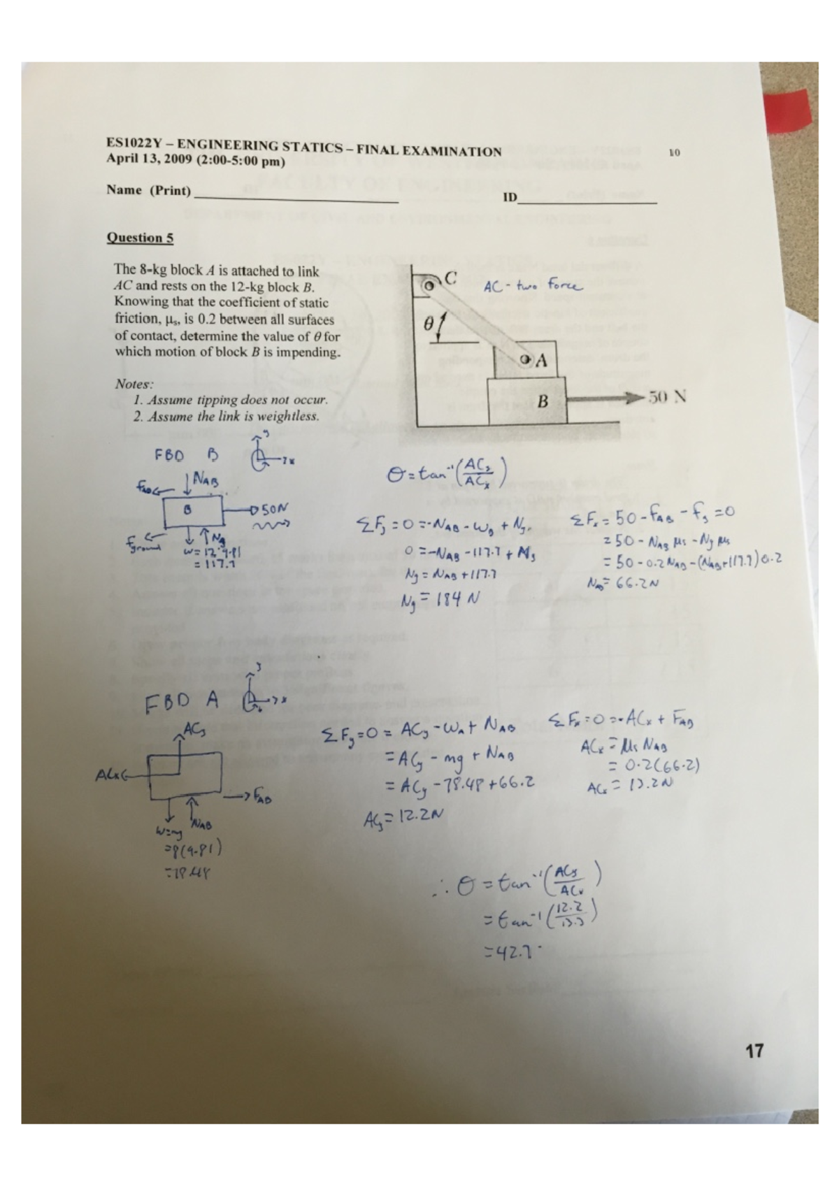 ES1022Y ENGINEERING STATICS FINAL EXAM SOLUTIONS (2009) - Studocu