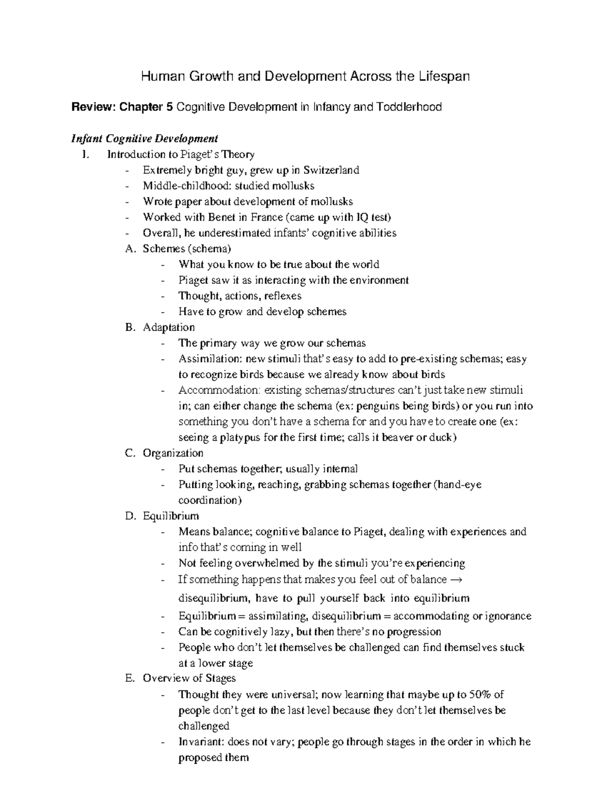Cognitive Development Insights: Chapter 5 Review for PSYC 1943 - Human ...