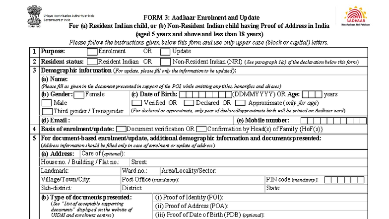 FORM 3: Aadhaar Enrolment & Update for Indian Children (5-17) - Studocu