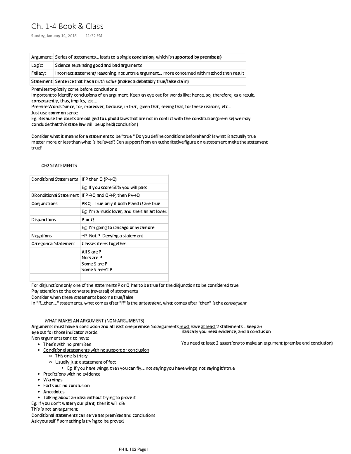 PHIL 105 - Comprehensive Lecture Notes on Arguments and Logic - Studocu
