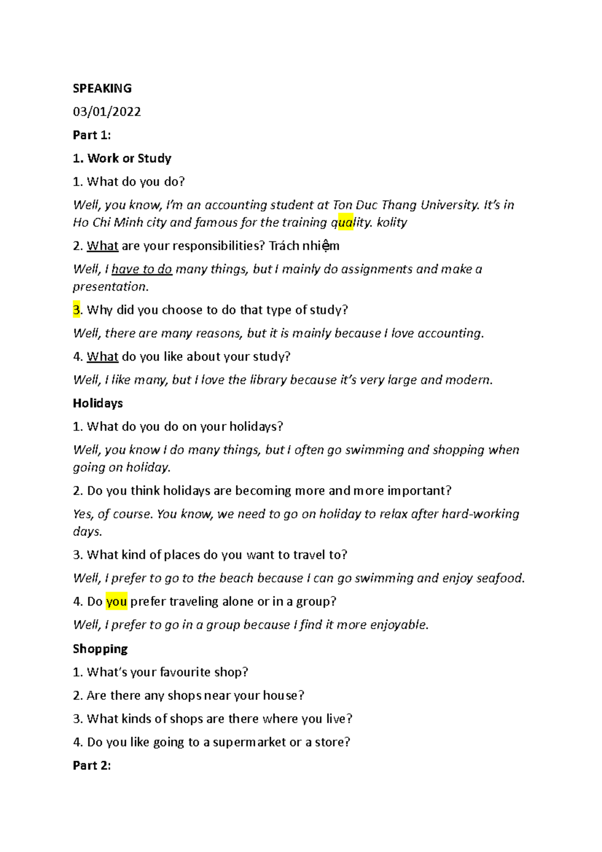 Speaking-TEST-3 - eeee - SPEAKING 03/01/ Part 1: Work or Study What do ...