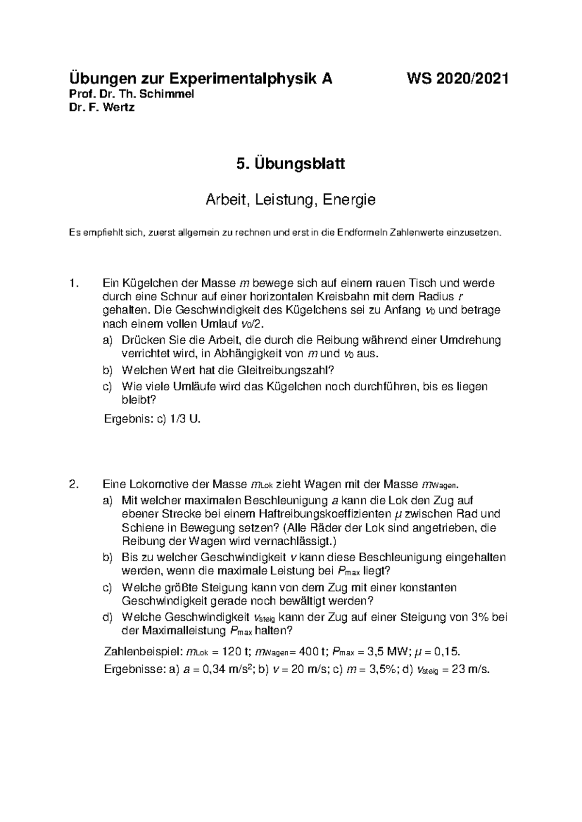5. Uebungsblatt - WS 20/21 - Übungen zur Experimentalphysik A WS 2020 ...