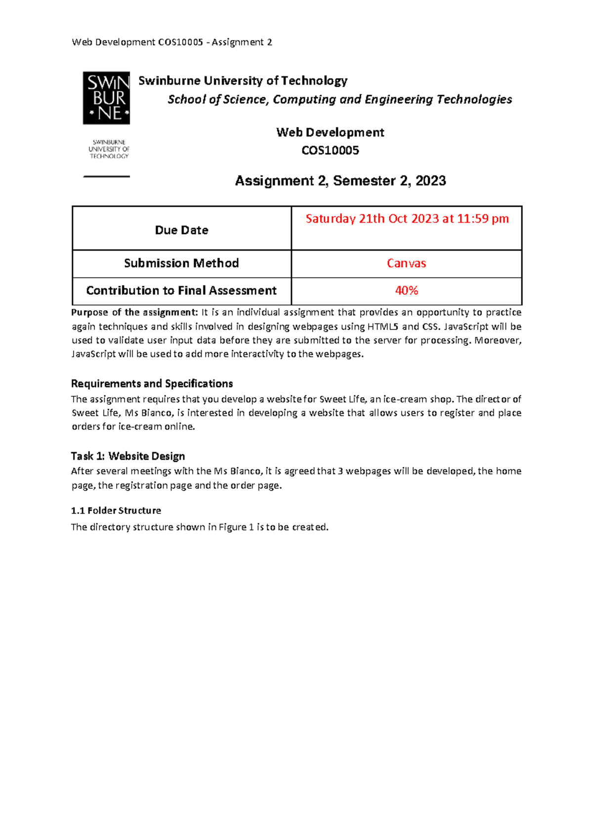 WD Assignment 2 2023S2-1 - Swinburne University of Technology School of ...