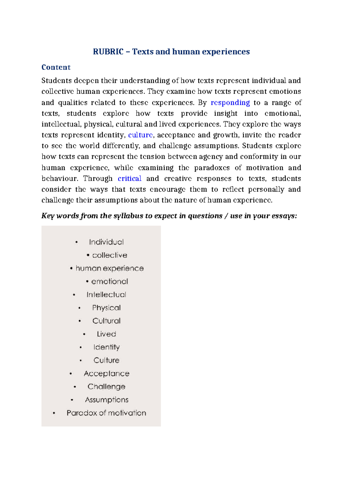 RUBRIC: Understanding Texts & Human Experiences Analysis - Studocu