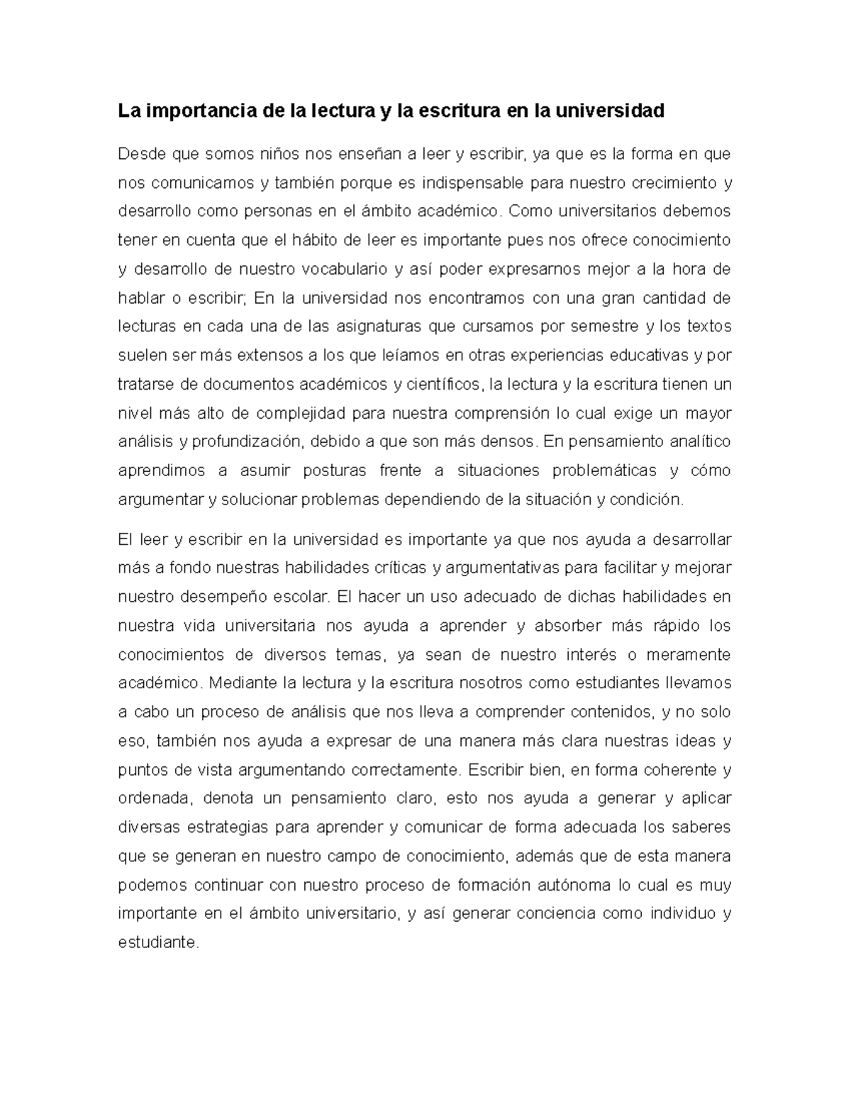 La importancia de la lectura y escritura en la educación universitaria ...
