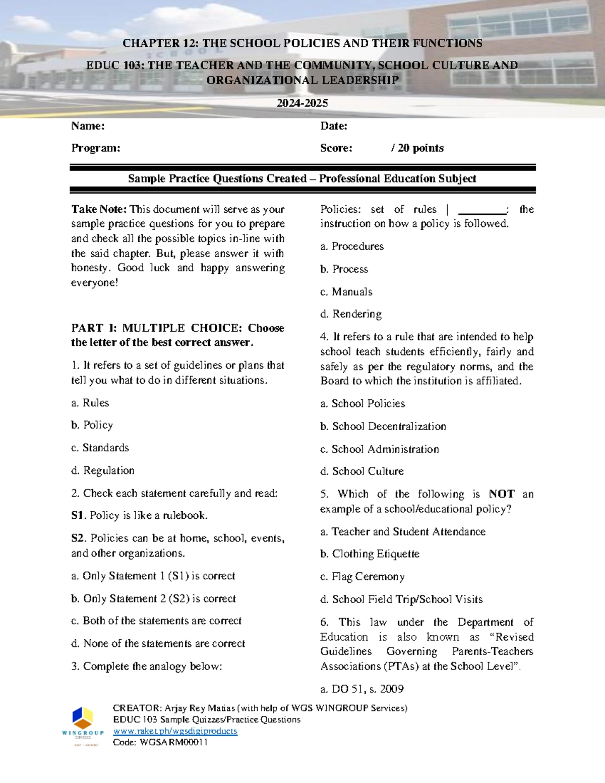 EDUC 103 Chapter 1 Practice Questions on Educational Philosophies for ...