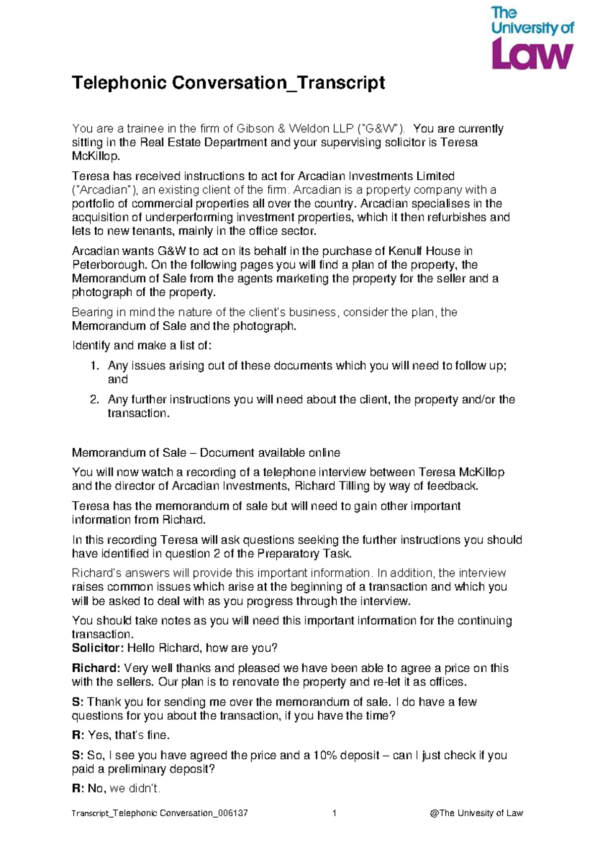 Telephonic Conversation Transcript: Arcadian Investments & Kenulf House ...