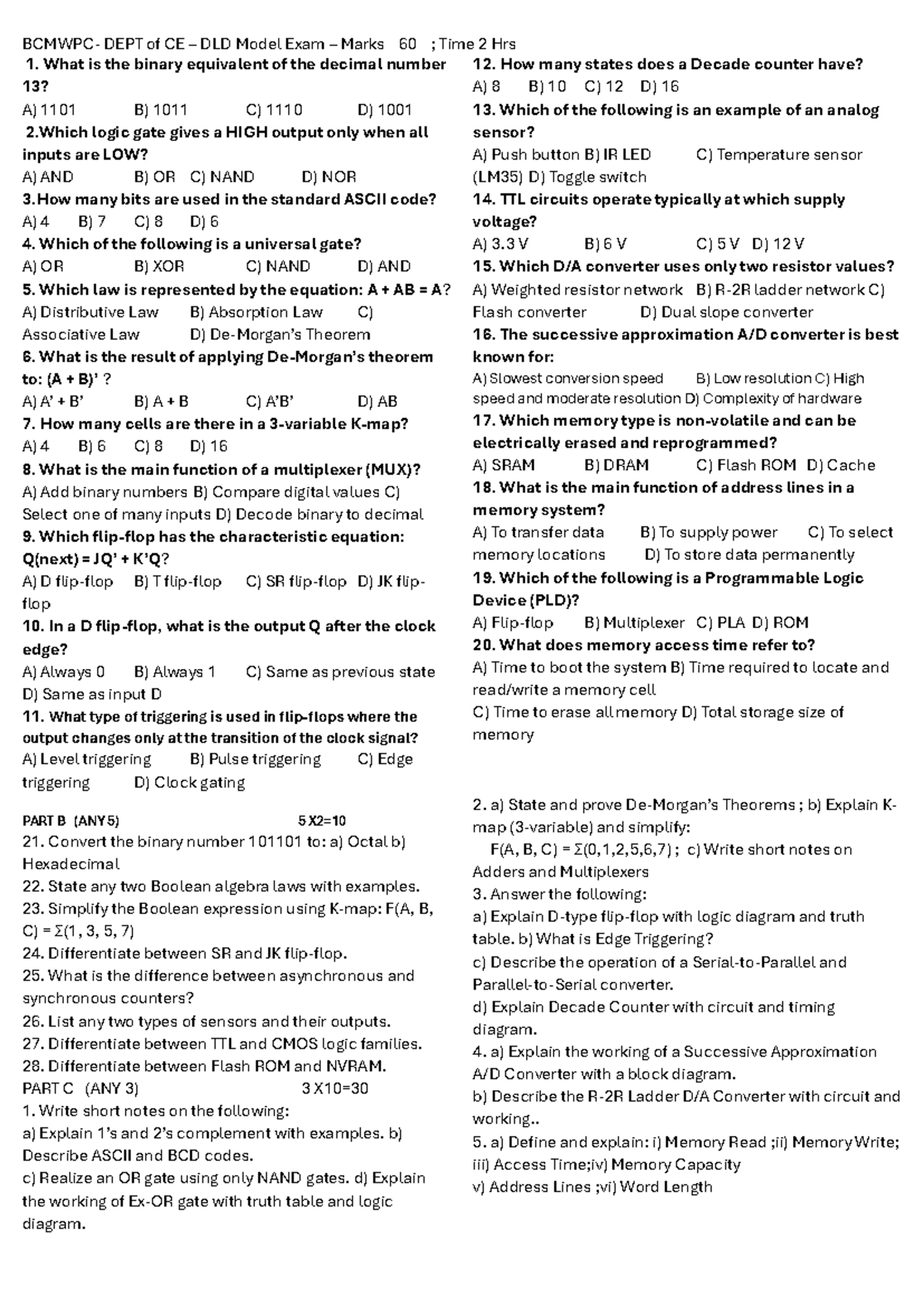 CE DLD Model Exam Questions & Answers (Marks: 60, Time: 2 Hrs) - Studocu