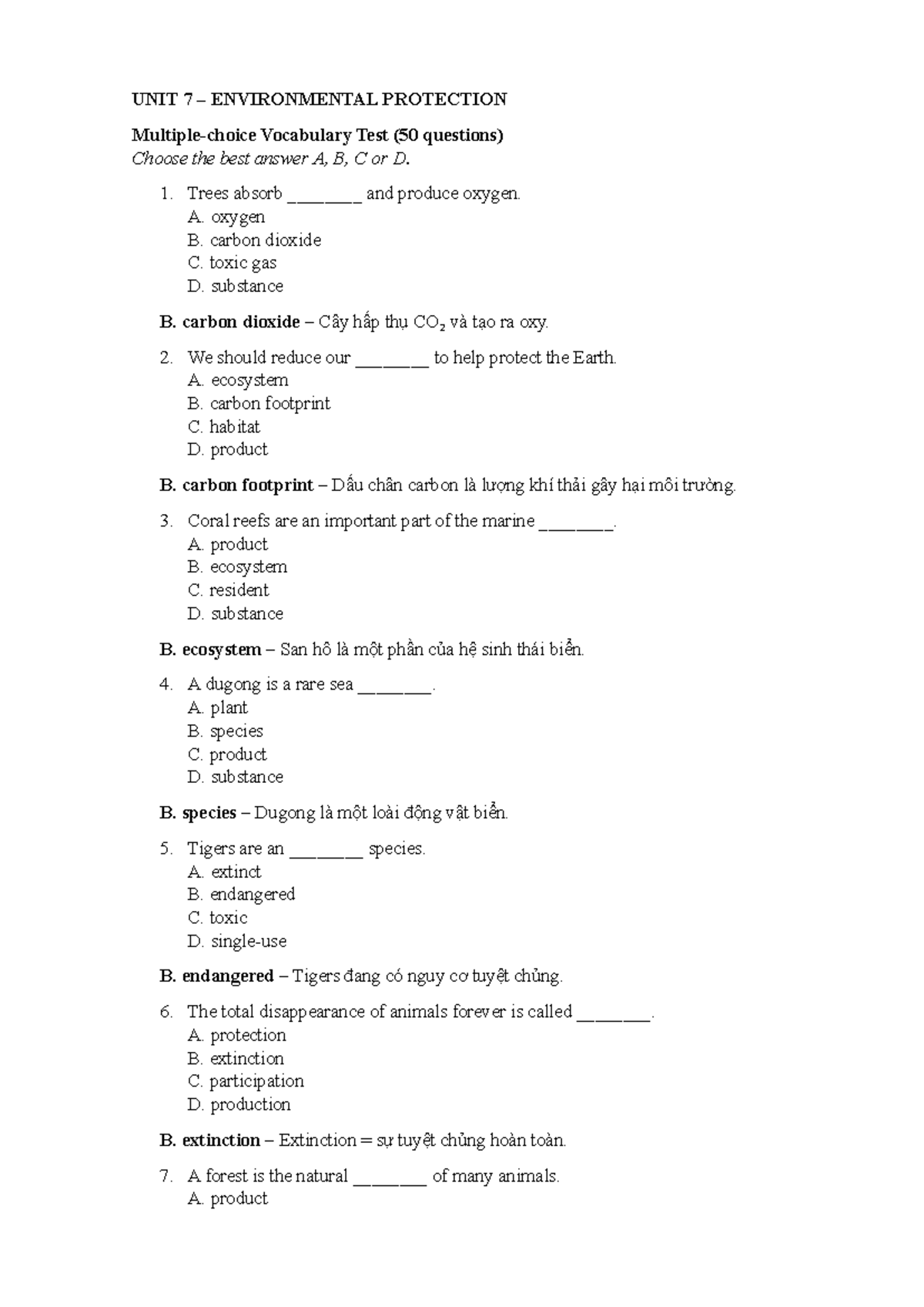 UNIT 7 – ENVIRONMENTAL PROTECTION: Vocabulary MCQ Test - Studocu