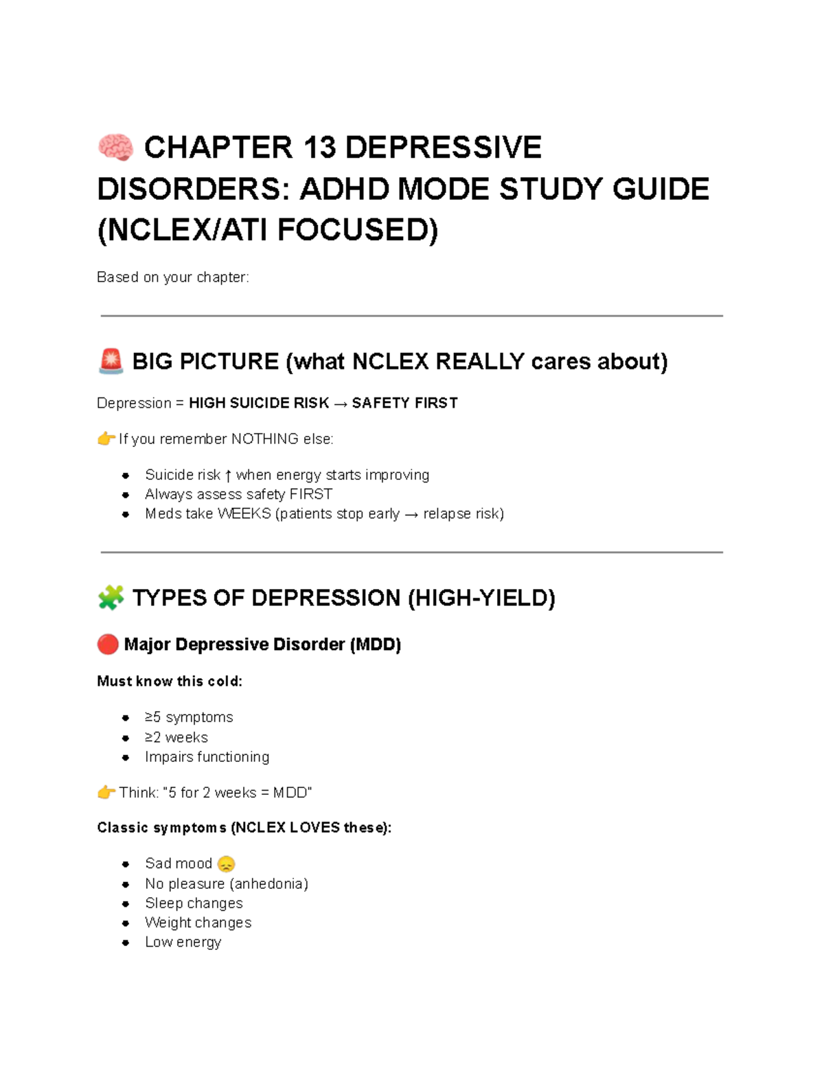🧠 Chapter 13: Depressive Disorders Study Guide (NCLEX ATI Focused ...
