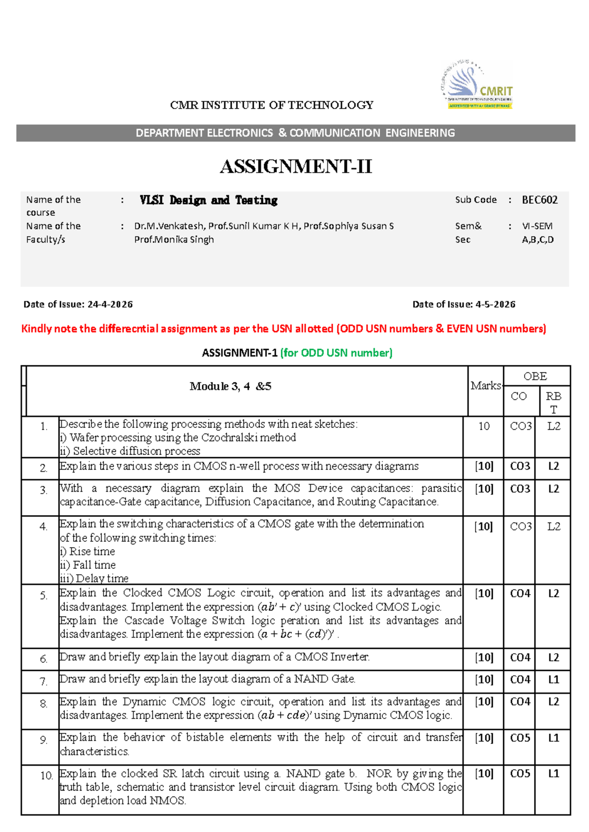 VLSI Design & Testing Assignment 2 (BEC602) - CMOS Processes & Logic ...