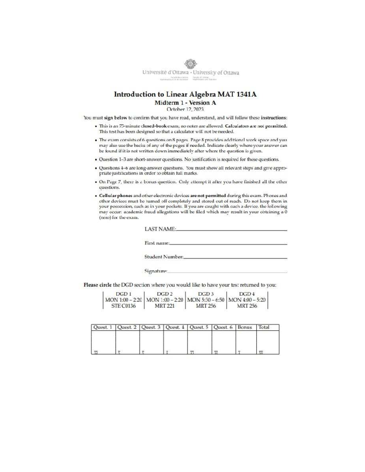 MAT 1341A Midterm 1 Exam - Introduction to Linear Algebra, Oct 2023 ...