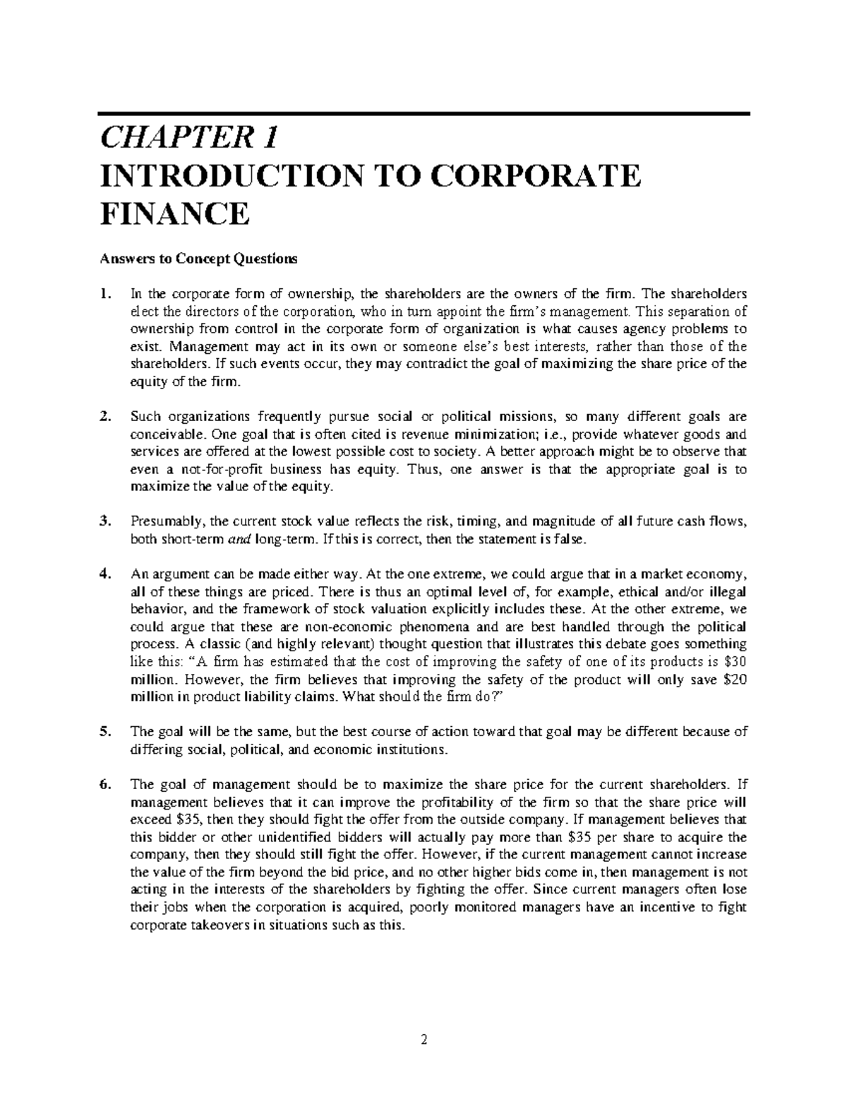 CHAPTER 1: INTRODUCTION TO CORPORATE FINANCE - Concept Questions ...