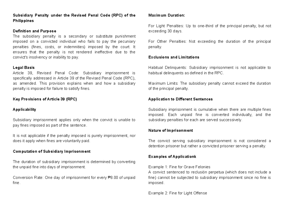 RPC Article 39: Understanding Subsidiary Penalties in the Philippines ...