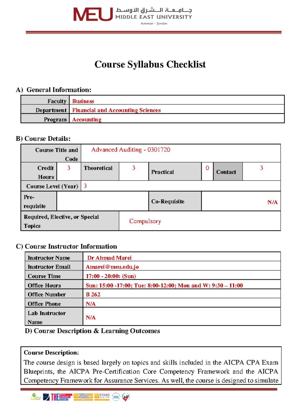 Advanced Auditing Syllabus - Course Syllabus Checklist A) General ...