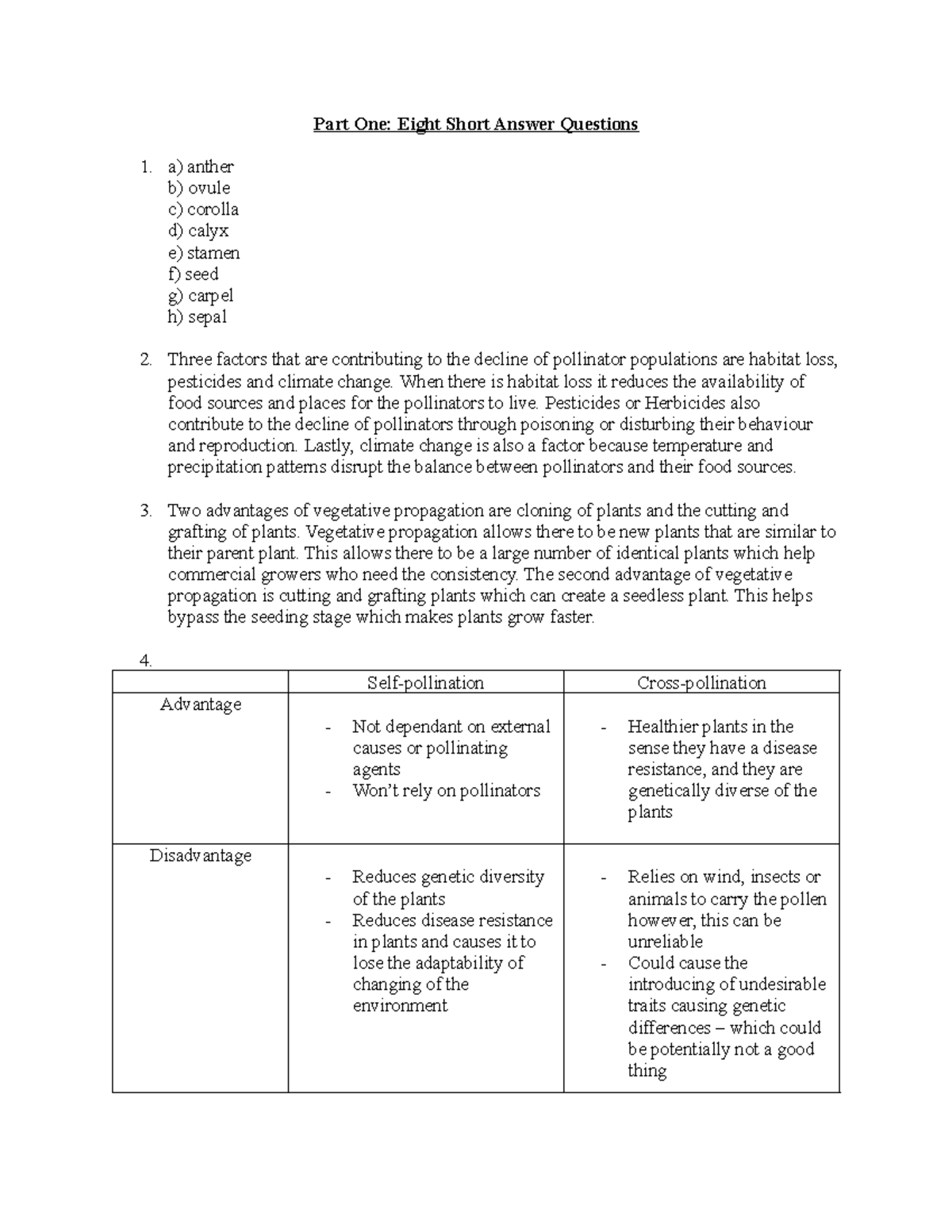 Unit 2 Biology Assignment: Short Answer Questions on Pollinators and ...