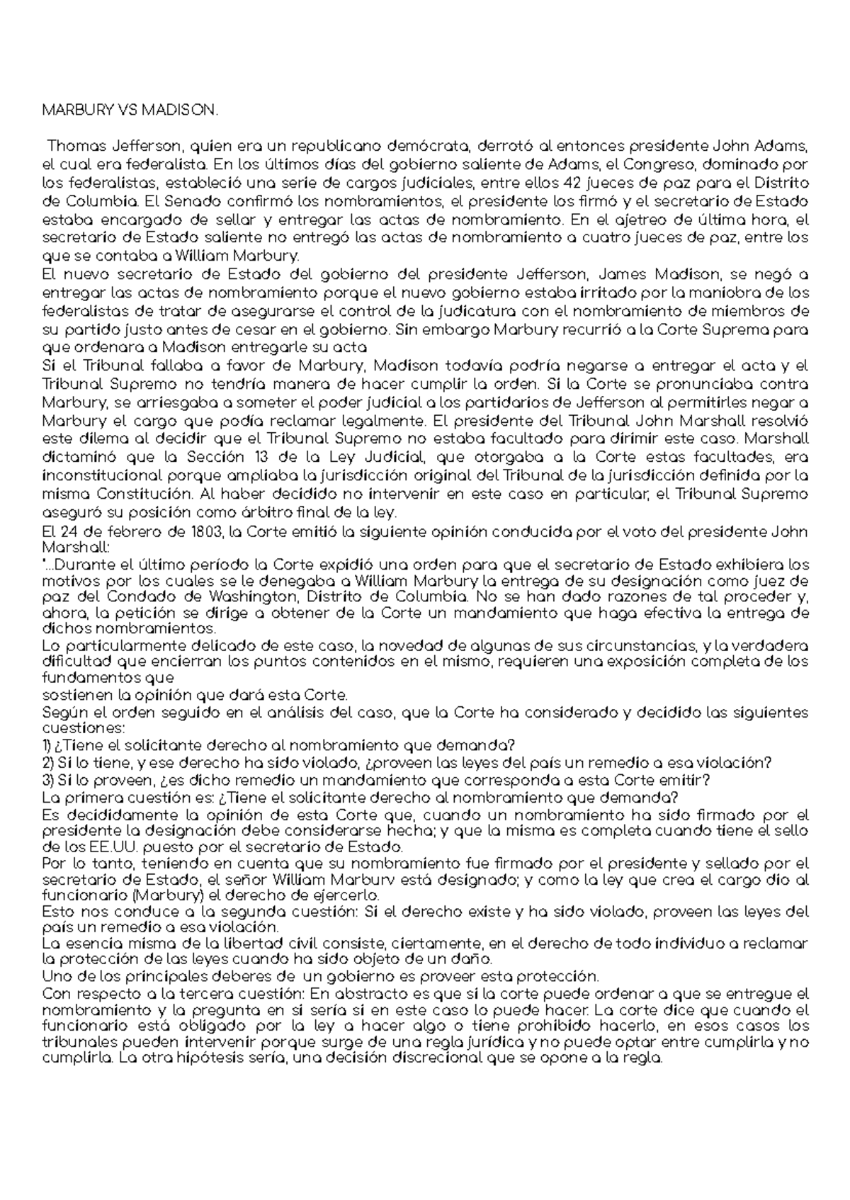 Análisis del Caso Marbury vs Madison en el Contexto Constitucional ...