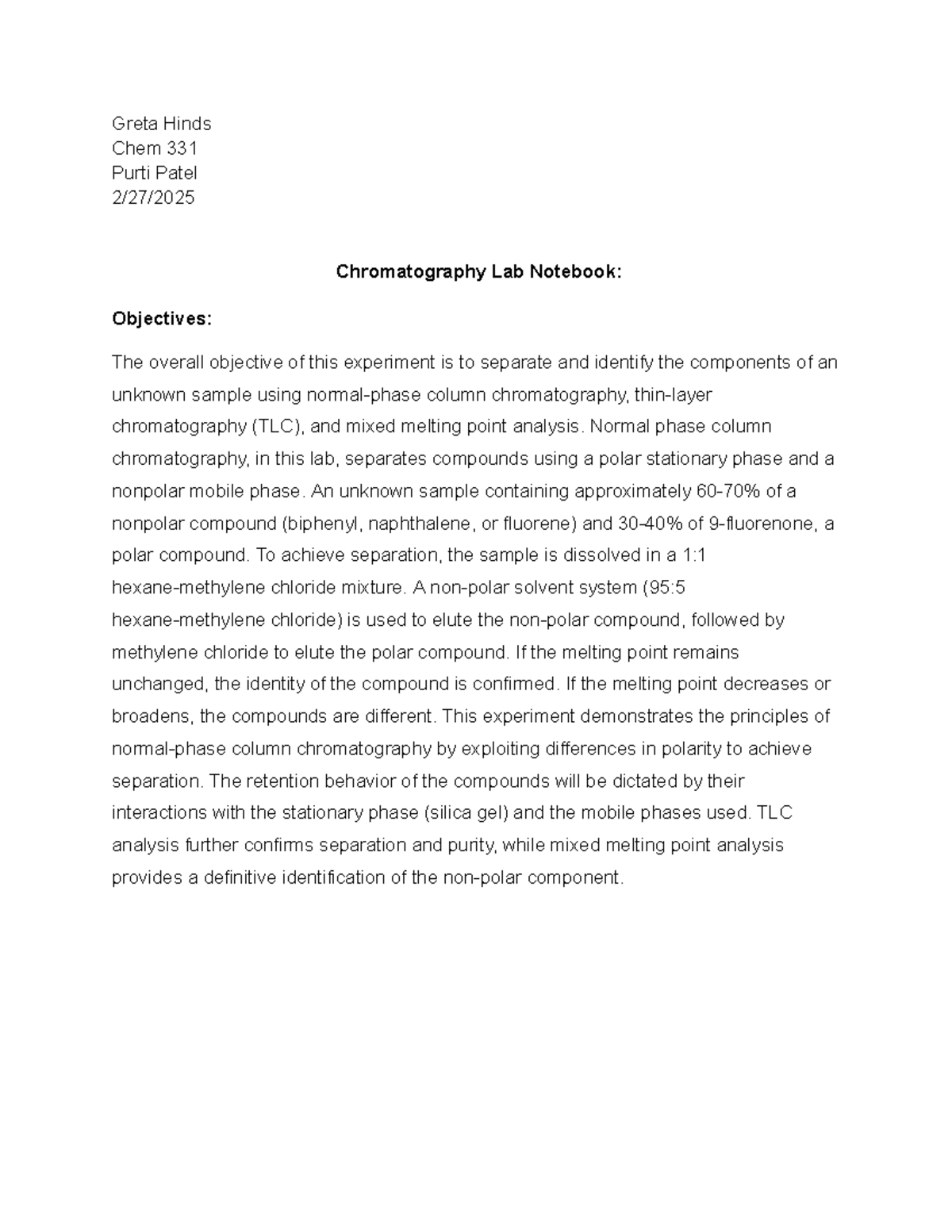 Chem 331 Chromatography Lab Notebook: Separation & Identification of ...