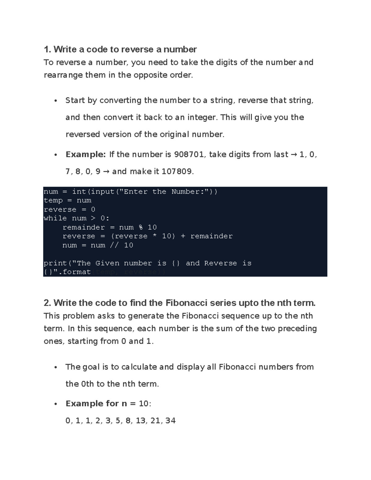 Coding Questions: Reversing Numbers, Fibonacci, GCD, and More (CS101 ...