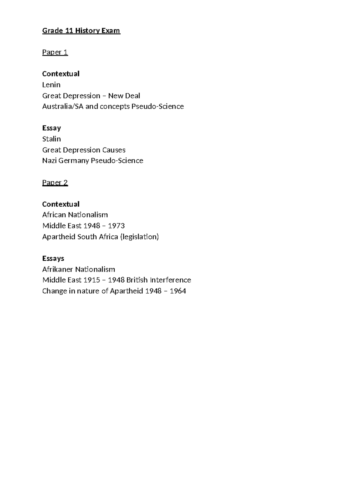 Grade 11 History Exam Revision Paper 1: Lenin, Great Depression & More ...
