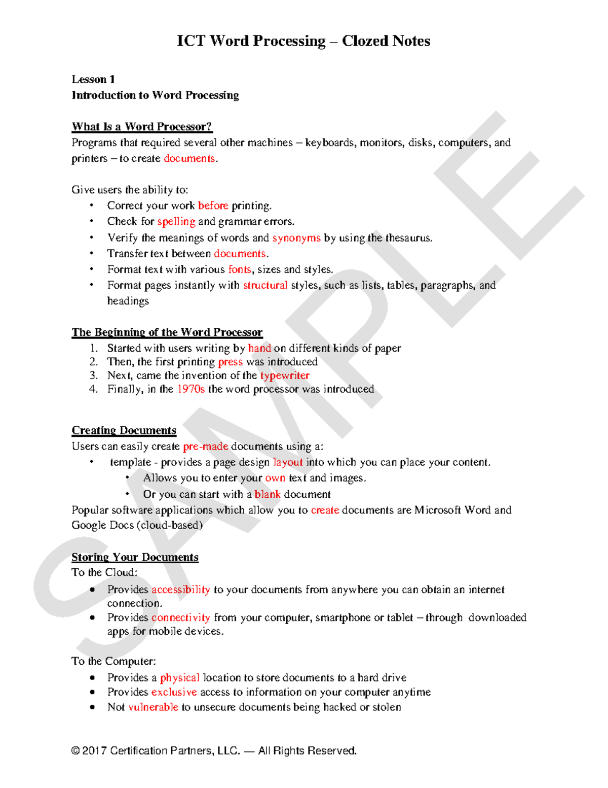 ICT Word Processing – Clozed Notes for Lesson 1 and Cloud Computing ...