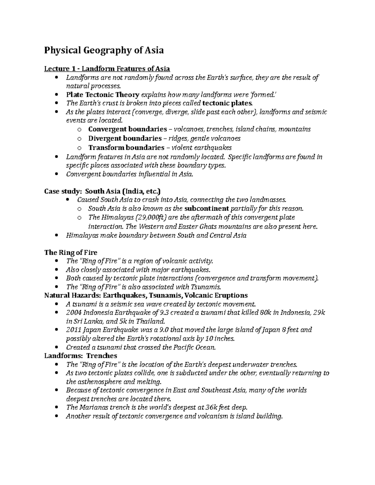 Week 2 Notes - Physical Geography of Asia: Landforms & Hazards - Studocu