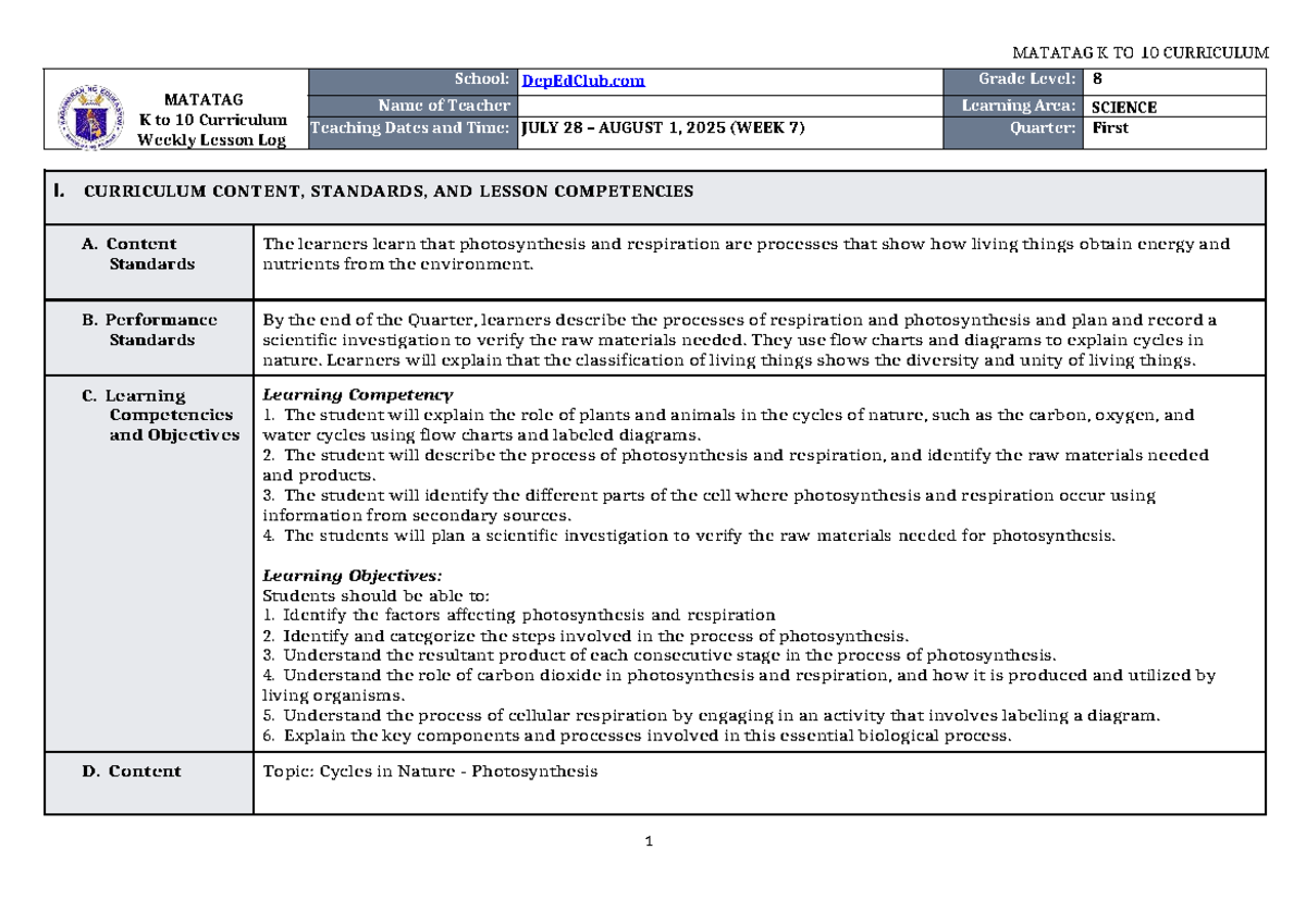 DLL Matatag K to 10 Science 8 Weekly Lesson Log (Q1 W7) - Studocu